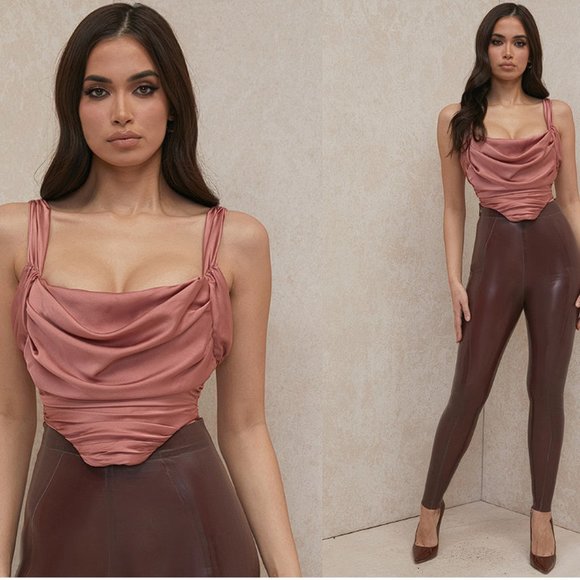 HOUSE OF CB 'Aella' Rose Satin Cowl Neck Draped Corset  NWOT - Picture 4 of 9